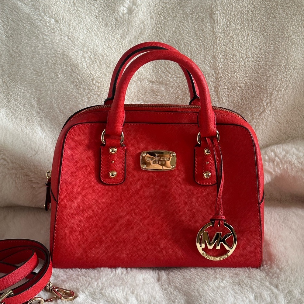 Michael Kors Red Orange Saffiano Leather Satchel Bag Gold Hardware | Like New